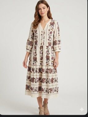 Fig and Flower Cream Floral Tiered Midi Dress - Women's